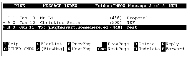 [Graphic of a Pine Message Index Screen]